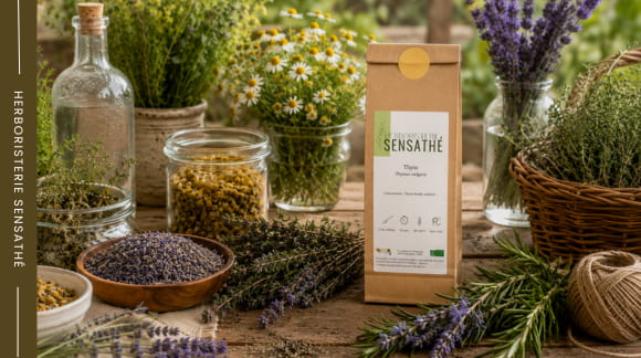 Plantes médicinales fraîches et séchées pour la préparation d'un hydrolat avec sachet de thym - Herboristerie Sensathé Plantes médicinales fraîches et séchées pour la préparation d'un hydrolat avec sachet de thym - Herboristerie Sensathé
